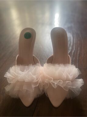 Blush Pink Tulle Ruffle Pointed open Toe Mules 4.75 inch heel
